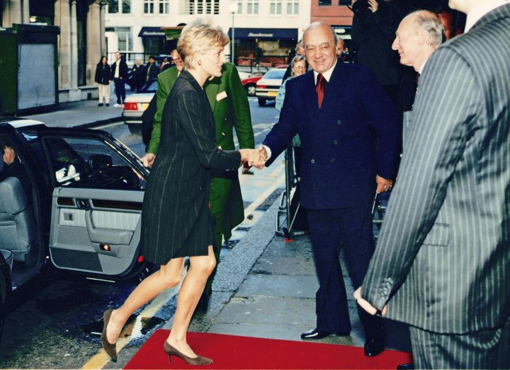 Princess Diana, the Princess of Wales, pictured with Mohamed Al Fayed at a Harrods breakfast reception on October 15, 1996. Diana and Al Fayed's son Dodi died in a car crash in Paris in 1997.