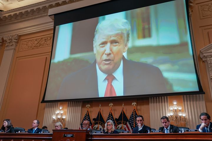 A video of former President Donald Trump plays as the House Jan. 6 select committee holds a hearing on Capitol Hill on June 28, 2022. 