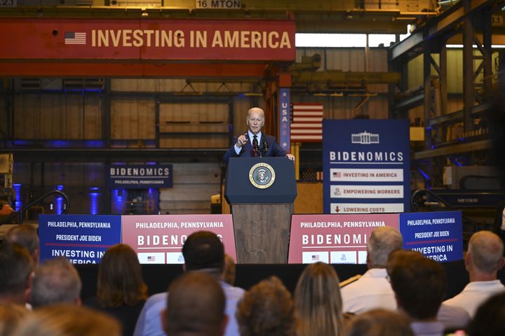 Biden speaks in July at the Philadelphia shipyard where union workers are building an offshore wind vessel. Organized labor has a long way to go to reverse a decades-long decline.