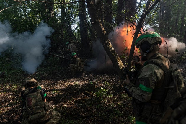 Ukrainian soldiers fire the SPG recoilless gun in the direction of Torske frontline as the Russia-Ukraine war continues.