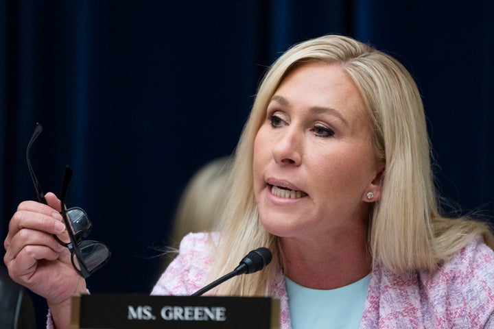 Rep. Marjorie Taylor Greene (R-Ga.) speaks during a House Select Subcommittee on April 18.