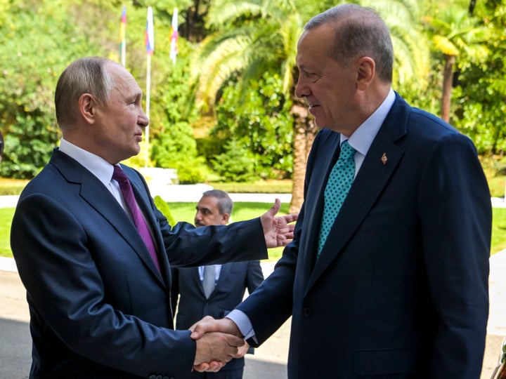 Russian President Vladimir Putin, left, greets Turkish President Recep Tayyip Erdogan upon his arrival at Russia's Black Sea resort of Sochi, Russia, on Sept. 4, 2023. 