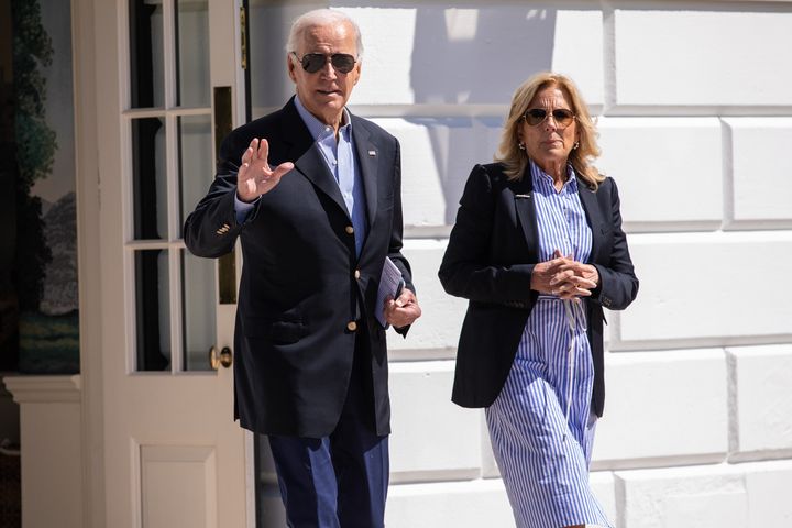 WASHINGTON, DC - SEPTEMBER 2: U.S. President Joe Biden and First Lady Dr. Jill Biden depart the White House en route to Florida on September 2, 2023 in Washington, DC. The President and the first lady will be in Florida to tour storm-damaged communities impacted by Hurricane Idalia. (Photo by Anna Rose Layden/Getty Images)