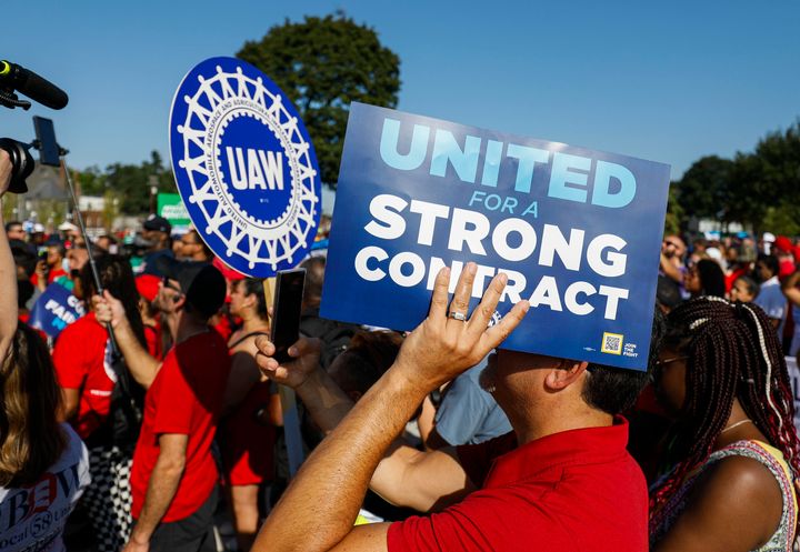 DETROIT, MICHIGAN - SEPTEMBER 4: United Auto Workers members and others gather for a rally after marching in the Detroit Labor Day Parade on September 4, 2023 in Detroit, Michigan. The theme of this year's Parade is, "Labor United Stronger Than Ever!". The UAW is currently in contract negotiations with the Big Three automakers Ford, General Motors, and Stellantis, and the current UAW contract expires September 14th. (Photo by Bill Pugliano/Getty Images)