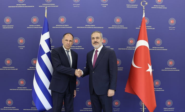 ANKARA, TURKIYE - SEPTEMBER 05: (----EDITORIAL USE ONLY - MANDATORY CREDIT - 'TURKISH FOREIGN MINISTRY / MUSTAFA AYGUN / HANDOUT' - NO MARKETING NO ADVERTISING CAMPAIGNS - DISTRIBUTED AS A SERVICE TO CLIENTS----) Turkish Foreign Minister Hakan Fidan (R) meets with Greek Foreign Minister Giorgos Gerapetritis (L) in Ankara, Turkiye on September 05, 2023. (Photo by TUR Foreign Ministry/Mustafa Aygun / Handout/Anadolu Agency via Getty Images)