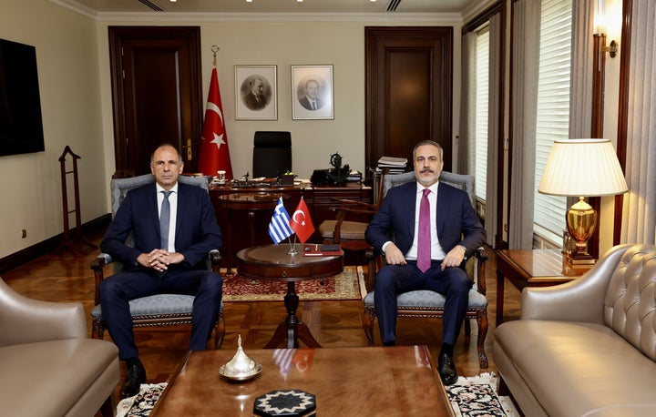 ANKARA, TURKIYE - SEPTEMBER 05: (----EDITORIAL USE ONLY - MANDATORY CREDIT - 'TURKISH FOREIGN MINISTRY / MUSTAFA AYGUN / HANDOUT' - NO MARKETING NO ADVERTISING CAMPAIGNS - DISTRIBUTED AS A SERVICE TO CLIENTS----) Turkish Foreign Minister Hakan Fidan (R) meets with Greek Foreign Minister Giorgos Gerapetritis (L) in Ankara, Turkiye on September 05, 2023. (Photo by TUR Foreign Ministry/Mustafa Aygun / Handout/Anadolu Agency via Getty Images)