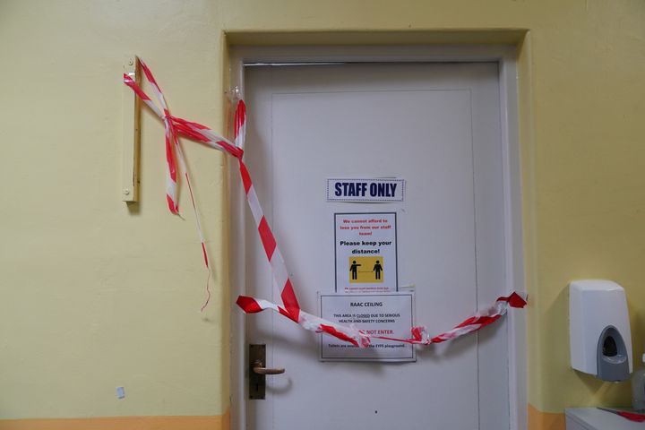 A taped off section inside Parks Primary School in Leicester which has been affected with sub standard RAAC.