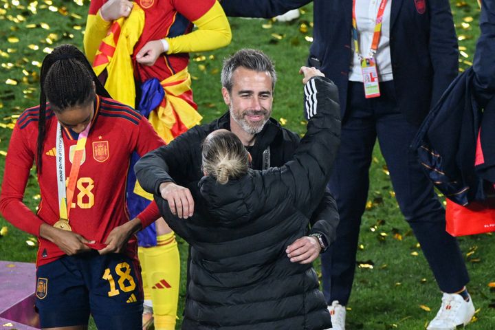 Spain's coach Jorge Vilda gestures after his team's victory in the Australia and New Zealand 2023 Women's World Cup final football match between Spain and England at Stadium Australia in Sydney on August 20, 2023. (Photo by Saeed KHAN / AFP) (Photo by SAEED KHAN/AFP via Getty Images)