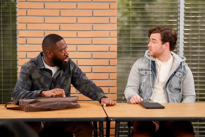 Series regular Sheaun McKinney (left) stars as Malcolm alongside Matthew Keith (left), who played Stew, in Season 5, Episode 19 of CBS's "The Neighborhood."