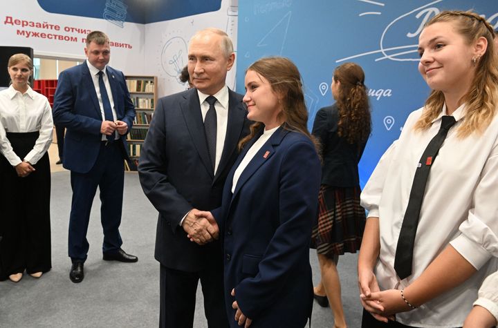 Russian President Vladimir Putin meets with schoolchildren in Solnechnogorsk in the Moscow region on September 1, 2023.