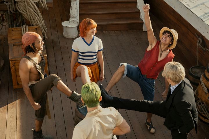 (L t– R) Jacob Romero Gibson as Usopp, Mackenyu Arata as Roronoa Zoro, Emily Rudd as Nami, IÃ±aki Godoy as Monkey D. Luffy, Taz Skylar as Sanji in One Piece