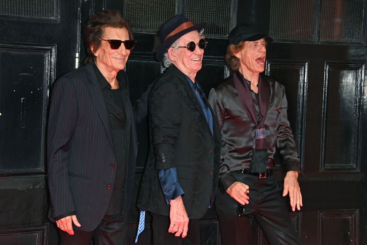 Ronnie, Keith and Mick outside the launch of their new album Hackney Diamonds
