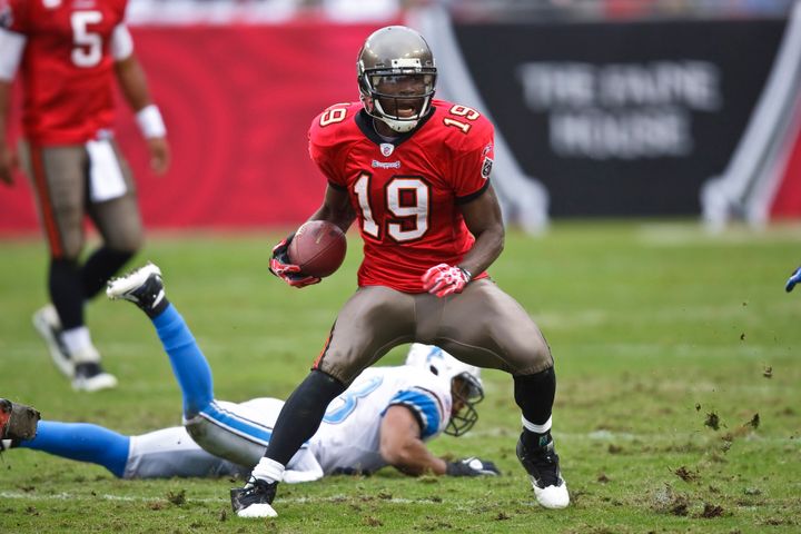 Wide receiver Mike Williams of the Tampa Bay Buccaneers carries the ball during a an NFL game against the Detroit Lions on Dec. 19, 2010.