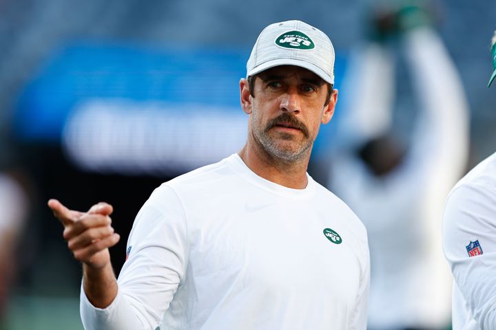 Aaron Rodgers at New Jersey's MetLife Stadium on Aug. 19, 2023.