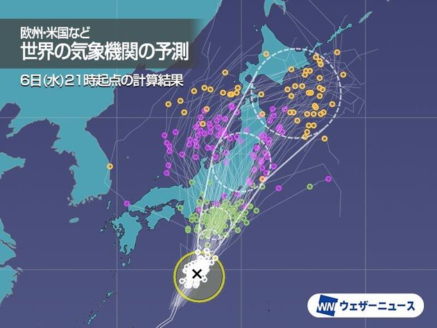 参考 世界各国の気象機関が計算した進路のシミュレーション結果