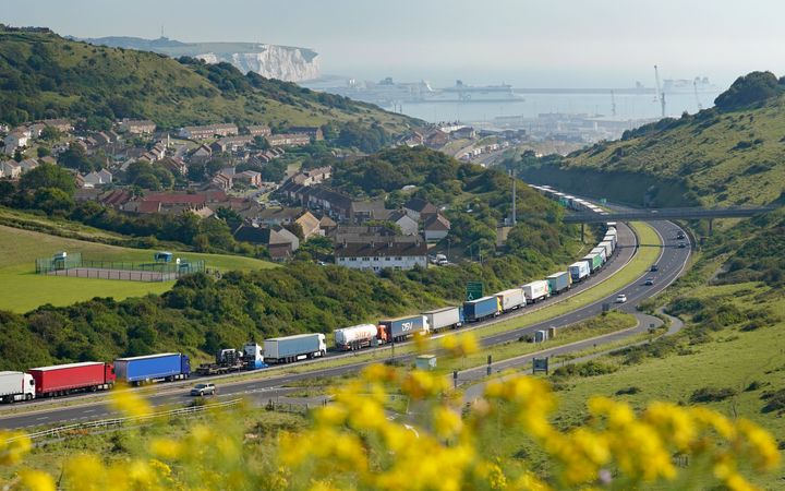 Trucks queue for the Port of Dover as security checks are carried out amid the search for Daniel Abed Khalife.