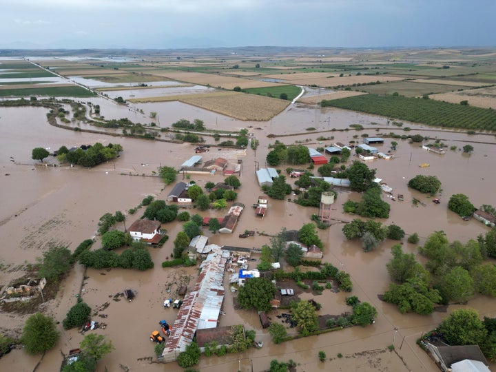 Floodwaters cover houses and farms after the country's record rainstorm in the village of Kastro, near Larissa, Thessaly region, central Greece, on Sept. 7, 2023.