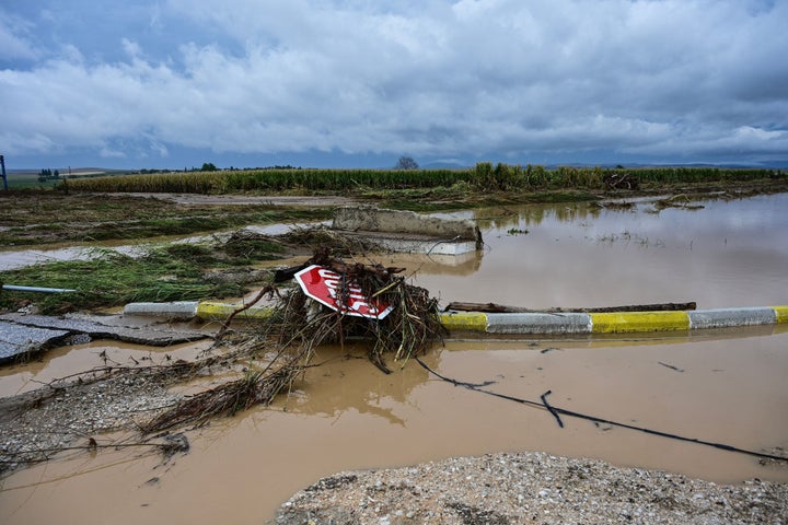 An aerial view taken on Sept. 7, 2023 shows wreckages in a flooded area in the city of Karditsa, central Greece.