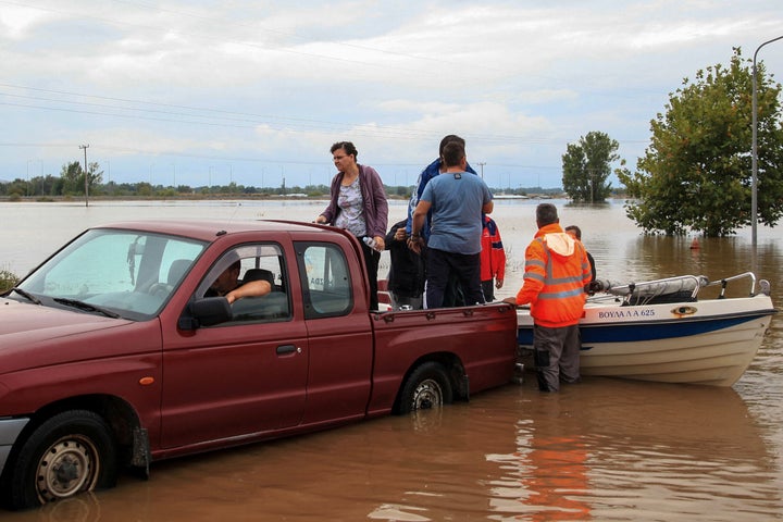 Locals are evacuated by boat by volunteers, as Storm Daniel batters central Greece, in Farkadona, Greece, on September 7, 2023.0