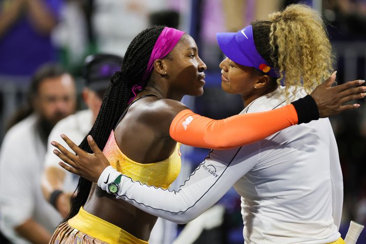 Coco Gauff (left) and Naomi Osaka hug during the Mubadala Silicon Valley Classic on Aug. 4, 2022, in San Jose, California. The two had previously shared a memorable embrace in 2019.
