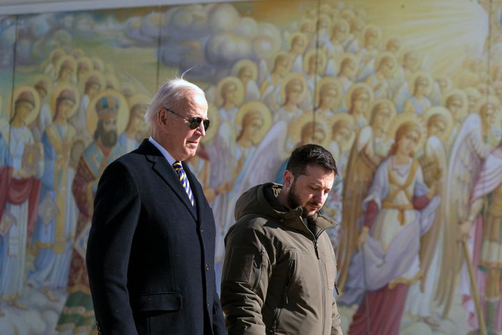 President Joe Biden, left, walks with Ukrainian President Volodymyr Zelenskyy at St. Michaels Golden-Domed Cathedral during an unannounced visit, in Kyiv, Ukraine, on Feb. 20.
