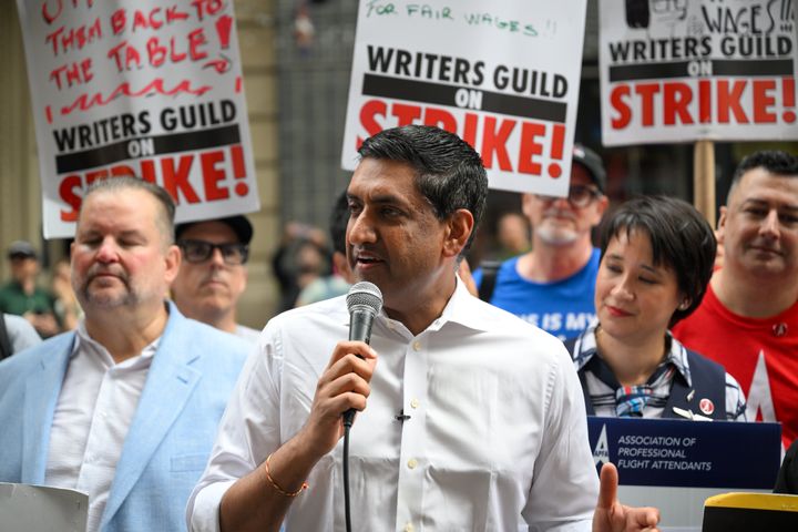 Rep. Ro Khanna (D-Calif.) speaks to union members and their supporters outside of Netflix and Warner Bros.' office in New York City, where striking actors and writers were picketing.