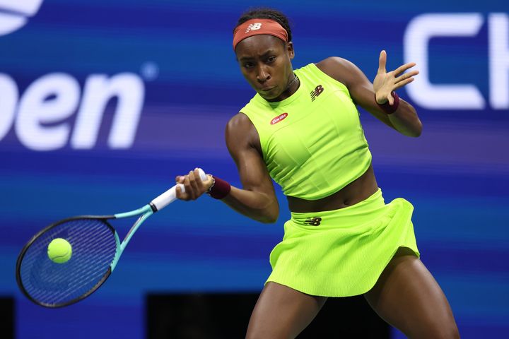 NEW YORK, NEW YORK - SEPTEMBER 07: Coco Gauff of the United States returns a shot against Karolina Muchova of the Czech Republic during their Women's Singles Semifinal match on Day Eleven of the 2023 US Open at the USTA Billie Jean King National Tennis Center on September 07, 2023 in the Flushing neighborhood of the Queens borough of New York City. (Photo by Clive Brunskill/Getty Images)