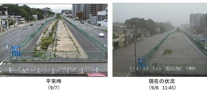 道路が冠水している様子がわかる