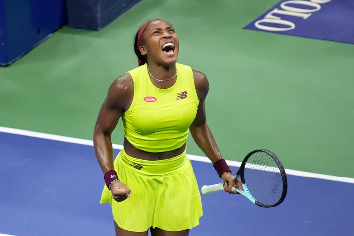 Coco Gauff celebrates after securing her spot in the finals on Thursday.