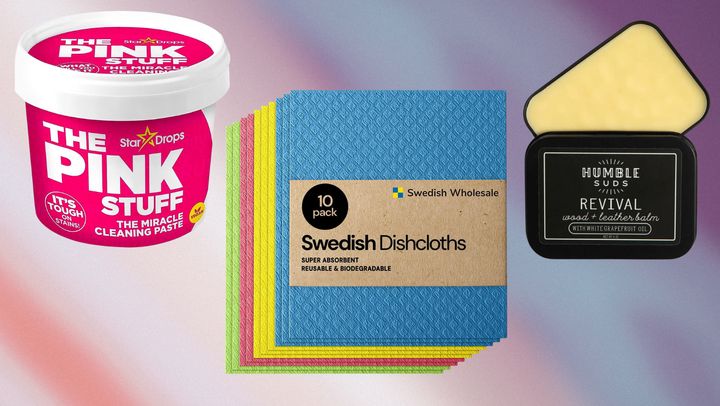 The Pink Stuff cleaning paste, Swedish Dishcloths sponges, and Humble Suds leather balm