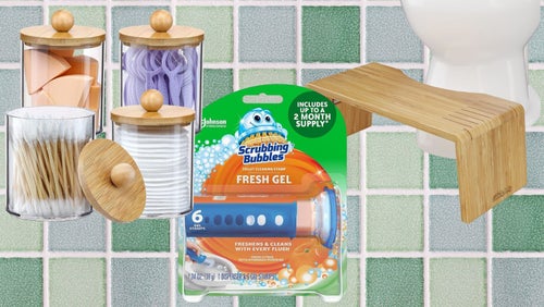 A set of glass jar organizers, a Scrubbing Bubbles toilet bowl cleaning stamp and a collapsable bamboo Squatty Potty. 