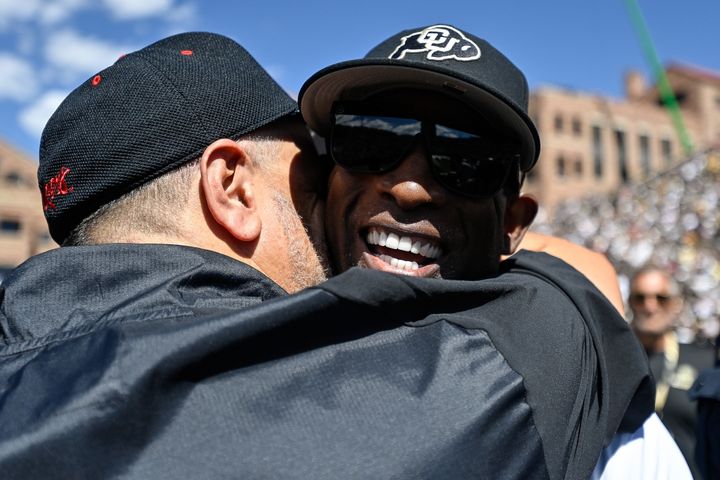 BOULDER, CO - SEPTEMBER 9: Head coach Matt Rhule of the Nebraska Cornhuskers and head coach Deion Sanders of the Colorado Buffaloes have a word after a Colorado Buffaloes win at Folsom Field on September 9, 2023 in Boulder, Colorado. (Photo by Dustin Bradford/Getty Images)