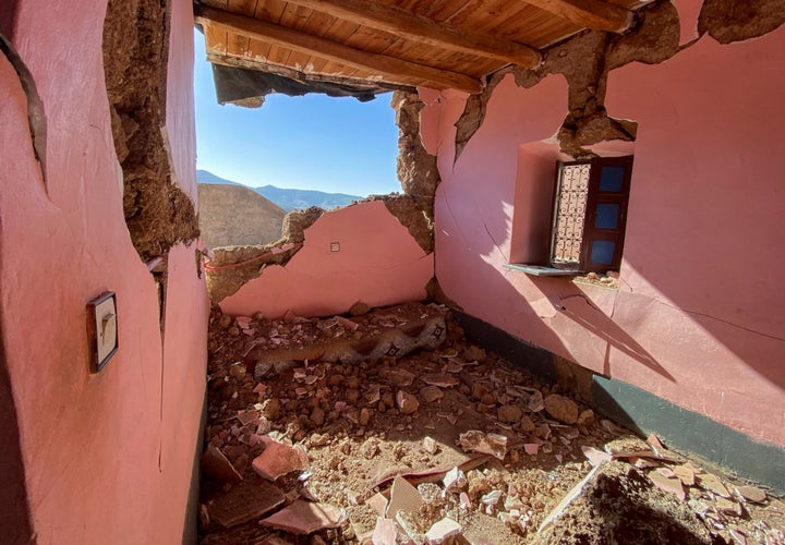 A view shows a damaged room following a strong earthquake in the village of Tansgart in the Asni region of Morocco on September 9, 2023. REUTERS/Abdelhak Belhakhi