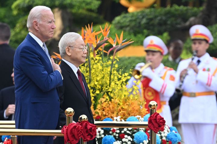 President Joe Biden attends a welcoming ceremony hosted by Vietnam's Communist Party General Secretary Nguyen Phu Trong at the Presidential Palace of Vietnam in Hanoi on September 10, 2023. Biden travels to Vietnam to deepen cooperation between the two nations, in the face of China's growing ambitions in the region.