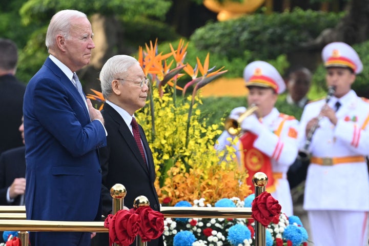 President Joe Biden attends a welcoming ceremony hosted by Vietnam's Communist Party General Secretary Nguyen Phu Trong at the Presidential Palace of Vietnam in Hanoi on September 10, 2023. Biden travels to Vietnam to deepen cooperation between the two nations, in the face of China's growing ambitions in the region.