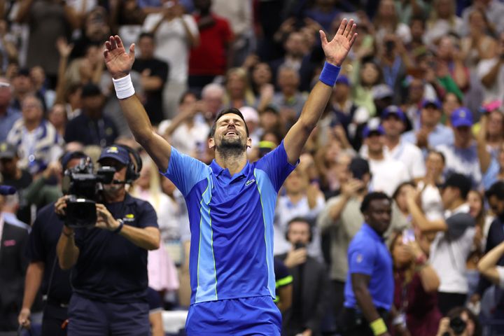 Djokovic celebrates after defeating Daniil Medvedevduring their Men's Singles Final match in the Flushing neighborhood of the Queens borough of New York City. (Photo by Clive Brunskill/Getty Images)