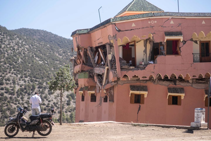 A man stands next to a damaged hotel after the earthquake in Moulay Brahim village, near the epicentre of the earthquake, outside Marrakech, Morocco, on Sept. 9, 2023.