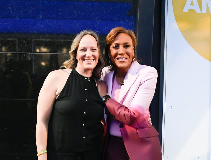 Amber Laign and Robin Roberts celebrate the host's "Good Morning America" anniversary in New York City in April 2022.