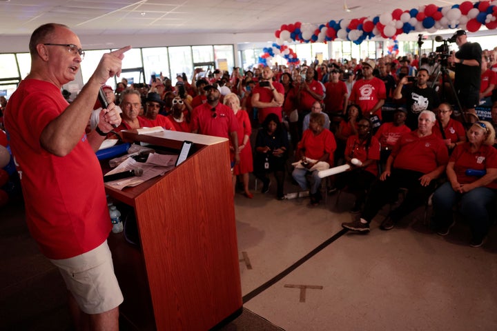 UAW President Shawn Fain speaking to members last month. The labor leader has spoken about the Big Three negotiations in terms of class struggle.