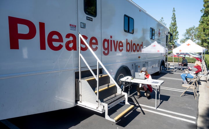 A bloodmobile for the American Red Cross is seen in Fullerton, California, last year.