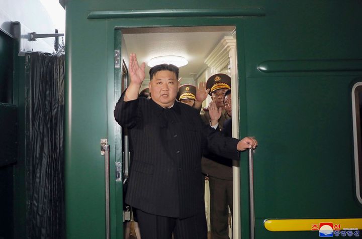 This Sept. 10, 2023, photo provided by the North Korean government, shows North Korea leader Kim Jong Un greeting attendants in Pyongyang, North Korea, before boarding on a train to Russia. Independent journalists were not given access to cover the event depicted in this image.