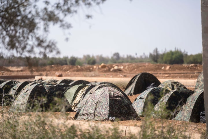 A camp set up by the Moroccan Royal Armed Forces to assist with the rescue mission for victims of the earthquake, in the town of Amizmiz, near Marrakech, Morocco, on Sept. 11, 2023.