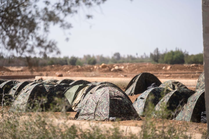 A camp set up by the Moroccan Royal Armed Forces to assist with the rescue mission for victims of the earthquake, in the town of Amizmiz, near Marrakech, Morocco, on Sept. 11, 2023. 