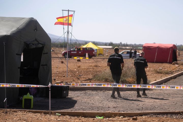 A camp set up by the Spanish Military Emergency Unit to assist with the rescue mission for victims of the earthquake, in the town of Amizmiz, near Marrakech, Morocco, on Sept. 11, 2023.