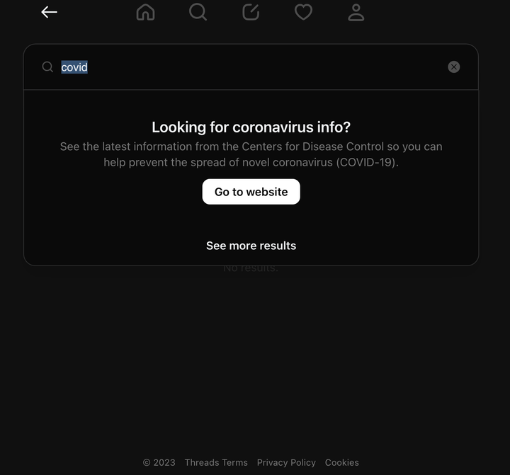 Threads users are prompted to visit the website of the Centers for Disease Control and Prevention for information related to the pandemic.