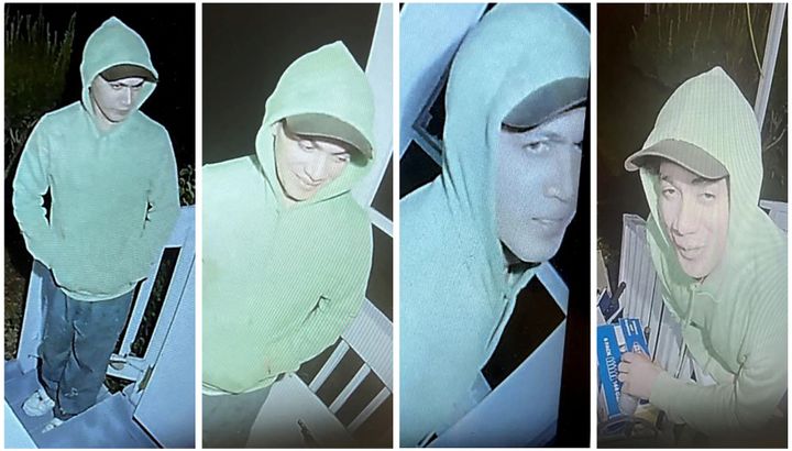 Convicted killer Danelo Cavalcante, 34, is seen clean-shaven and wearing a hooded sweatshirt in stills from a front door's security camera near Phoenixville, Pennsylvania, on Saturday.