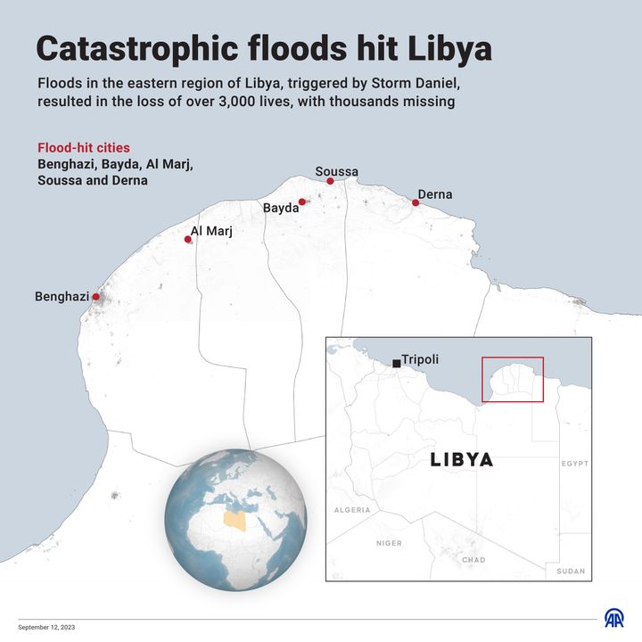  12 Σεπτεμβρίου 2023. Οι πλημμύρες στην ανατολική περιοχή της Λιβύης, που προκλήθηκαν από την καταιγίδα Ντάνιελ, είχαν ως αποτέλεσμα την απώλεια περισσότερων από 3.000 ζωών, με χιλιάδες αγνοούμενους. (Photo by Yasin Demirci/Anadolu Agency via Getty Images)