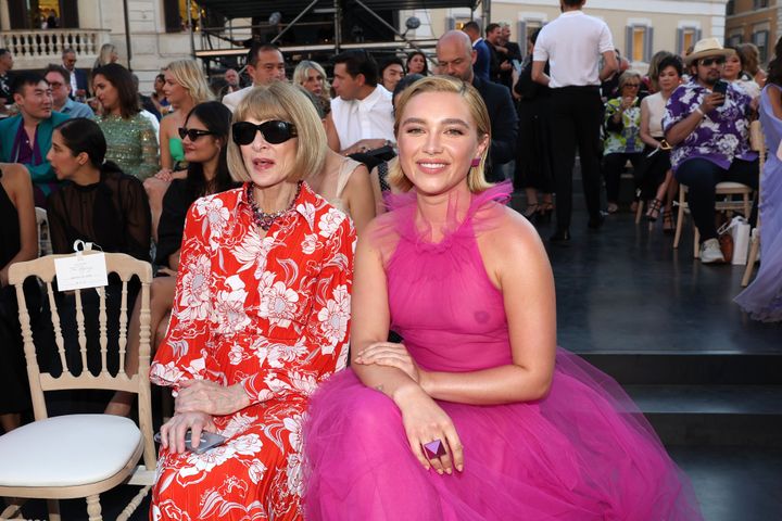 Florence Pugh, pictured here with Vogue editor Anna Wintour, made headlines when she wore a sheer dress at the Valentino Haute Couture Fall/Winter 22/23 fashion show in in Rome in July 2022.