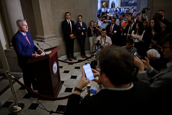 WASHINGTON, DC - SEPTEMBER 12: Speaker of the House Kevin McCarthy (R-CA) announces an impeachment inquiry against U.S. President Joe Biden to members of the news media outside his office at the U.S. Capitol on September 12, 2023 in Washington, DC. Although the House Oversight Committee has yet to produce direct evidence of Biden taking bribes or other acts of corruption, McCarthy announced that Rep. James Comer (R-KY) will lead the investigation. (Photo by Chip Somodevilla/Getty Images)