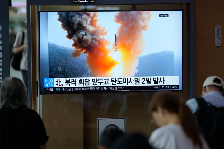 A TV screen shows a report of North Korea's ballistic missiles with file image during a news program at the Seoul Railway Station in Seoul, South Korea, on Sept. 13, 2023. North Korea fired two ballistic missiles toward the sea Wednesday, as leader Kim Jong Un rolled through Russia on an armored train toward a meeting with President Vladimir Putin. The letters read, "North Korea, fired two ballistic missiles ahead of a meeting between North Korea and Russia."